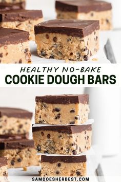 Seriously delicious healthy no-bake cookie dough bars! These bars are vegan, gluten-free, dairy-free, and refined sugar-free. Enjoy as a easy no-bake dessert or sweet snack, or as a summer party food for Memorial Day or 4th of July. Cookie Dough Bars Recipe, Healthy No Bake Cookies, Bars Gluten Free, Bars Healthy, No Bake Cookie Dough, Healthy Cookie Dough, Cookie Dough Bars, Sugar Free Cookies, No Bake Bars