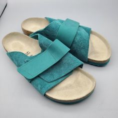 Brand New Without Box $140 Birkenstock Kyoto Suede Slide Comfort Sandals With Adjustable Hook-And-Loop Strap Eur Size 42/ Us Womens 11 Regular Fit Color: Mountain View Green/ Teal Suede/ Leather Green Suede Sandals With Round Toe, Casual Blue Slip-on Footbed Sandals, Green Leather Footbed Sandals For Beach, Blue Leather Footbed Sandals For Summer, Closed Toe Beach Slippers With Ortholite Insole, Green Suede Sandals With Leather Footbed, Blue Leather Footbed Slip-on Slides, Comfortable Blue Leather Sandals, Blue Leather Casual Flip Flops