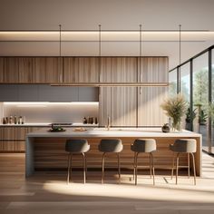 a modern kitchen with wooden cabinets and white counter tops, along with four chairs at the island