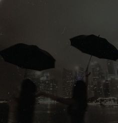 two people holding umbrellas in front of a cityscape with the lights on