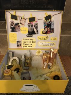 an open yellow box with pictures on it