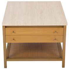 a small wooden table with two drawers on one side and an open drawer on the other