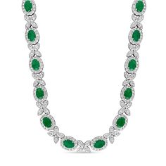 This elegant Oval Emerald & Diamond Necklace is crafted from 18k White Gold (10.30 Ct) featuring 14 oval emeralds. It has Eye Clean clarity in Green color and prong setting type. It contains 8 round diamonds. To know more visit Allurez's store. #diamondnecklace #diamondnecklaces Oval Diamond Necklace, Beautiful Diamond Necklace, The Bling Ring, Diamond Necklace Set, Precious Gemstones Jewelry, Green Gems, Holiday Jewelry, Sapphire Necklace, Emerald Jewelry