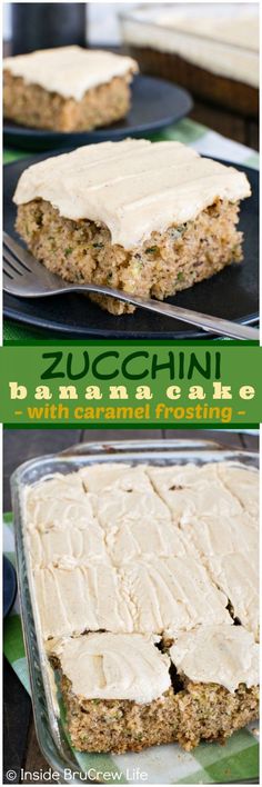 zucchini bread with cream cheese frosting on top and in the middle, before and after baking