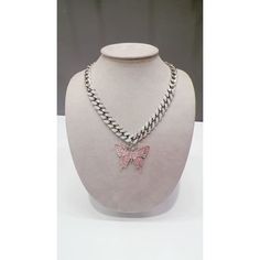 This long-lasting, wear-resistant Pink Butterfly Rhinestone Crystals Silver Plated Choker Necklace features high-quality silver plating. Its uniform color and snug fit comes from the 14mm Cuban chain with 0.2cm separations between each link. Add a hint of sparkle to your look with this dazzling necklace. *Limited Quantities/ Not Available for wholesale. Silver Butterfly Necklace With Metal Chain, Silver Butterfly Necklace With Chain, Trendy Silver Butterfly Necklace With Adjustable Chain, Trendy Silver Butterfly Necklace For Party, Butterfly Chain Jewelry For Party, Trendy Silver Necklace With Butterfly Charm, Silver Metal Butterfly Jewelry, Silver Butterfly Metal Jewelry, Trendy Silver Butterfly Necklace