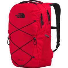 the north face red backpack with black straps and zippers on the front, side view