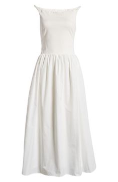 This classically elegant midi is designed in a romantic silhouette with a shoulder-baring neckline and a perfectly flared skirt. Off-the-shoulder neck Lined Sleeveless 90% rayon, 35% nylon, 5% elastane with 100% polyester contrast Dry clean Imported