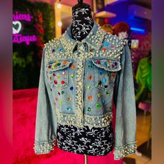 Available Size M And L Multicolor Denim Jacket For Spring, Multicolor Denim Jacket For Fall, Spring Multicolor Denim Jacket, Fall Multicolor Denim Jacket, Casual Embellished Denim Jacket, Multicolor Denim Summer Outerwear, Embellished Cotton Denim Jacket, Spring Party Casual Denim Jacket, Trendy Multicolor Long Sleeve Denim Jacket