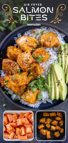 the cover of air fryer salmon bites with rice and avocado