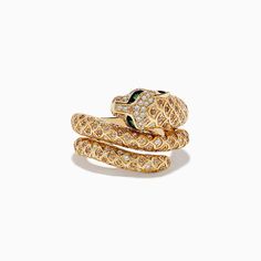 Effy Signature 14K Yellow Gold Emerald, Espresso, and White Diamond Ring Luxury Gold Snake Ring With Gemstone, Luxury Snake Ring With 17 Jewels For Gift, White Gold Fine Jewelry Snake Ring, Luxury Gemstone Snake Ring, Formal Fine Jewelry Snake Ring, Fine Jewelry Yellow Gold Multi-stone Diamond Ring, Fine Jewelry Yellow Gold Multi-stone Ring, Fine Jewelry Multi-stone Yellow Gold Jewelry, Yellow Gold Multi-stone Rings Fine Jewelry