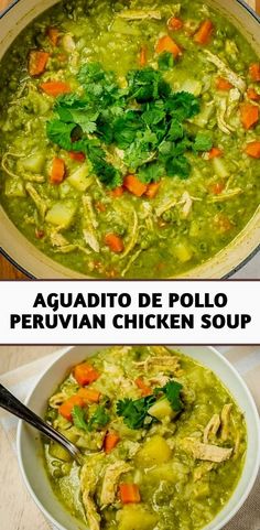 two pictures showing different types of soups in the same bowl, one with chicken and parsley