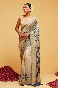 Blue shaded saree with bandhani, flower banarasi woven motifs in checkered pattern. Comes with running blouse piece. - Aza Fashions Banarasi Silk Pre-draped Saree With Zari Weaving For Reception, Elegant Designer Wear Dupatta With Bandhani Print, Pre-draped Saree With Zari Weaving For Navratri Reception, Elegant Bandhani Print Dupatta For Designer Wear, Semi-stitched Bandhani Print Traditional Wear For Reception, Traditional Bandhani Print Saree For Reception, Semi-stitched Traditional Wear With Bandhani Print For Reception, Saree With Bandhani Print For Reception, Elegant Bandhani Print Pre-draped Saree For Festive Occasions