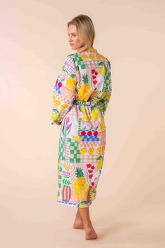 Introducing the Lydia Robe from KAS's vibrant pyjama wear range! Crafted from luxurious 100% cotton material, this robe is your ticket to stylish relaxation. Embrace the playful vibes with its funky design adorned with tropical fruits, adding a burst of colour to your loungewear collection. Whether you're unwinding after a long day or lounging on lazy weekends, the Lydia Robe promises comfort and flair in equal measure. Dive into tropical paradise every time you slip into this cozy robe. Spring Patterned Sleepwear For Pajama Party, Patterned Sleepwear For Pajama Party In Spring, Spring Patterned Sleepwear, Patterned Spring Sleepwear, Multicolor Cotton Sleepwear For Lounging, Spring Patterned Printed Sleepwear, Summer Patterned Sleepwear, Patterned Cotton Sleepwear For Spring, Multicolor Sleepwear For Spring