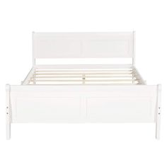 a white bed frame with two drawers underneath the headboard and foot board, in front of a white background