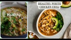 healthy white chicken chili recipe with avocado and chickpeas in the bowl