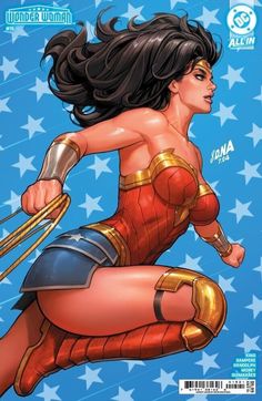 wonder woman running through the air with her arms out and two hands on her hips