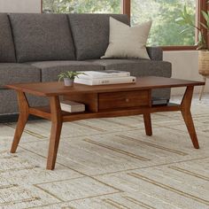 a living room scene with focus on the coffee table and sofa in the foreground