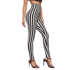 Product information: Pattern: stripes Fabric name: Polyester ammonia cloth Color: black and white stripes Main fabric composition: Polyester Fiber Size: S,M,L,XL Function: breathable Popular elements: black and white stripes Style: pencil pants/skinny pants Size: Note: 1. Asian sizes are 1 to 2 sizes smaller than European and American people. Choose the larger size if your size between two sizes. Please allow 2-3cm differences due to manual measurement. 2. Please check the size chart carefully b Stripes Fabric, High Waist Leggings, Black And White Stripes, Pencil Pants, Striped Fabrics, Vertical Stripes, Black & White, Cropped Leggings, High Waisted Leggings