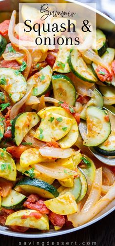 a pan filled with sliced up vegetables on top of a wooden table and text overlay that reads grilled squash & onions