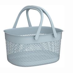 a white and grey basket with handles