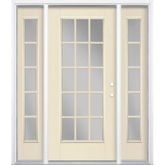 Masonite high-performance fiberglass doors feature distinct architectural details that will not rust or dent. Create a classic look with a twist by adding the look of grids to your entry door. Masonite 60-in x 80-in x 4-9/16-in Fiberglass Full Lite Left-Hand Inswing Bisque Painted Prehung Front Door with Sidelights with Brickmould Front Doors, Single Front Door With Sidelights, Front Door With Sidelights, Door With Sidelights, Entry Door With Sidelights, Single Front Door, Fiberglass Door, Storm Door, Entry Doors