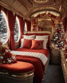 a bedroom decorated for christmas with red and gold decorations on the walls, windows, and bed