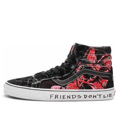 The Vans Stranger Things x SK8HI Reissue 'Upside Down' is a bold and stylish sneaker. It features a black and red colorway, with a reworked suede upper and reflective mesh material. The iconic vine pattern and the 'Friend Don't Lie' lettering on the midsole create a unique look inspired by the fourth season of the show. Perfect for everyday wear, this sneaker is also great for skateboarding and other outdoor activities. With its unique design and comfortable fit, the Vans Stranger Things x SK8HI Reissue 'Upside Down' is a must-have for any fan of the show. (SNKR/Skate/Casual/Unisex/Crossover) Stranger Things Vans, Vans Sk8 Hi Reissue, Sk8 Hi Vans, Painted Sneakers, Vine Pattern, Sk8 Hi, Vans Sk8, Mesh Material, Stylish Sneakers