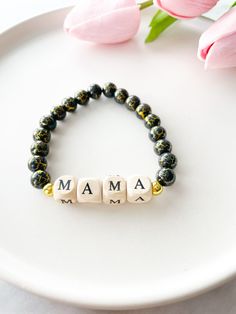 Beaded Mama Bracelet. Wooden Beaded Bracelet. Letter Bead | Etsy Black Name Bracelet For Mother's Day Gift, Handmade Black Name Bracelet For Everyday, Mother's Day Gift Stretch Bracelet With 8mm Beads, Adjustable Gold Stretch Bracelet With Wooden Beads, Black Beaded Bracelets For Mother's Day Gift, Black Wooden Beads Bracelet For Gift, Adjustable Wooden Beads Stretch Bracelet Gift, Gift Black Wooden Beaded Bracelets, Black Wooden Beaded Bracelets Gift