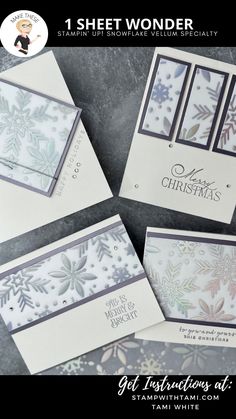 three christmas cards with snowflakes on them and the words, 1 sheet wonder