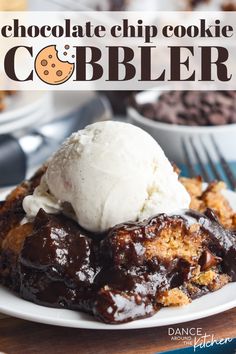 chocolate chip cookie cobbler on a white plate with ice cream and cookies in the background