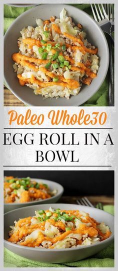 an egg roll in a bowl is shown with the words paleo wholeso egg roll in