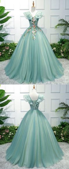 Long Green Dress Formal, Prom Dress Green, Lace Long Prom Dress, Green Formal Dresses, Green Evening Dress, Green Tulle, Dresses Green, Evening Dress Floor Length, Evening Dresses With Sleeves