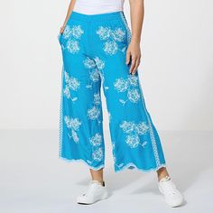 Antthony Embroidered Scalloped Edge Pull-On Pant  Springtime? Always in bloom when it comes to this floral-embroidered pant. A breezy choice for spring wardrobing and beyond, the pull-on is so easy to wear and style and also features a petal-like scalloped them. This is fashion that's flourishing. Blue Embroidered Spring Pants, Casual Embroidered Blue Pants, Blue Embroidered Straight Leg Bottoms, Embroidered Blue Straight Leg Pants, Blue Straight Leg Pants With Floral Embroidery, Blue Embroidered Straight Leg Pants, Blue Straight Leg Bottoms With Floral Embroidery, Blue Floral Embroidered Wide Leg Bottoms, Embroidered Wide Leg Trousers For Spring