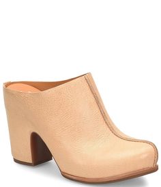 Kork-Ease Sagano Leather Block Heel Mules | Dillard's Brown High Heel Mules In Calf Leather, Brown High Heel Calf Leather Mules, Chic Leather Mules With Almond Toe, Chic Leather Almond Toe Mules, Brown Calf Leather Closed Toe Mules, Leather Almond Toe Mules For Evening, Beige Leather Mules With Removable Insole, Beige Leather Mules With Leather Footbed, Calf Leather Mules With Leather Footbed