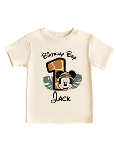 Toddler Boy's first Birthday White T-shirt with- The Personalized Mickey Safari desing. Makes a this day a gift or a fun birthday boy photo shoot! #wildone #babyboyfirst #wildonemickey #personalizedbabytshirt #mickeysafari #creamtshirt #mickeybirthday #birthdayboy #mickeysafariparty #animalkigdom Safari Birthday Party Mickey Mouse, Customizable Short Sleeve T-shirt For First Birthday, Cute First Birthday T-shirt With Character Print, First Birthday Custom Print Short Sleeve T-shirt, Customizable White T-shirt For First Birthday, Personalized Short Sleeve T-shirt For Birthday, Cute First Birthday T-shirt With Custom Print, Customizable Family Matching T-shirt For First Birthday, Personalized White T-shirt For First Birthday