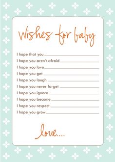 a baby's wish card with the words wishes for baby written in orange on it