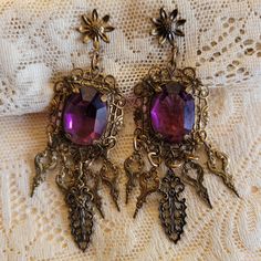 So Beautiful! Vintage Dangle Earrings Large purple facetted glass stone For Pierced ears, post Prong set See photos for size EXCELLENT CONDITION no flaws Jewellery Aesthetic, Butterfly Fashion, Cool Piercings, Snake Jewelry, Filigree Earrings, List Ideas, Funky Jewelry, Jewelry Lookbook, Wire Weaving