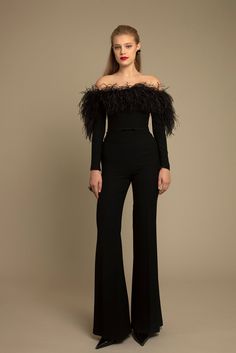 off shoulder feathered top with pants - HerTrove Top With Pants, Feather Top, Feather Tops, Dress Fitted, Lebanon, Black Top, Black Long Sleeve, Formal Event, Evening Dress