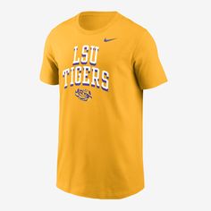 Show love for your school on game day and beyond in this classic LSU T-shirt. Nike T-shirt With Logo Print For Game Day, Team-colored University Logo T-shirt, Collegiate T-shirt With University Logo For Game Day, Short Sleeve T-shirt With University Logo For Sports Events, Game Day University Logo T-shirt, Nike Crew Neck T-shirt For College, Varsity Logo Print T-shirt For Game Day, University Logo T-shirt For Sports Season Fan Gear, Nike Team Spirit T-shirt With Letter Print