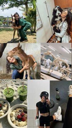 there are many pictures of people and animals in this collage, with one woman holding a dog