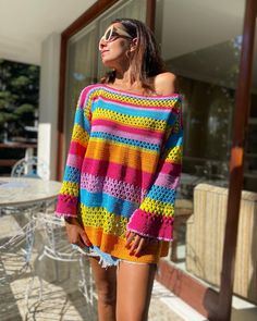 #crochetsweater #crochettunicdress Long Sleeve Crochet Dress, Beach Dress Long, Hippie Styles, Crochet Tunic Dress, Crochet Dress Boho, Long Sleeve Crochet, Oversize Dress, Colorful Crochet, Sleeve Crochet