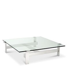 a glass table with metal legs on a white background