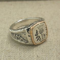 Bronze and Sterling Silver Celtic Scottish Thistle Signet - Etsy Etsy Uk Jewellery, Scottish Jewellery Vintage, Scottish Thistle Ring, Designer Engraved Ring As A Gift, Designer Engraved Rings For Gifts, Designer Engraved Ring For Gifting, Designer Engraved Ring For Gift, Designer Engraved Rectangular Jewelry, Signet Wedding Ring Men