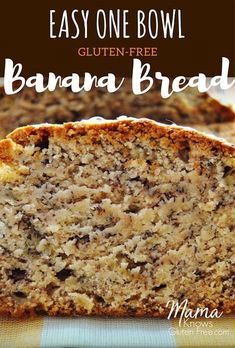 a close up of a slice of banana bread on a plate with the text overlay