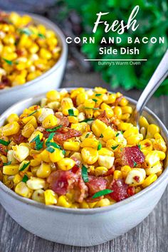 fresh Corn and Bacon Side Dish in a grey  coloured bowl with a serving spoon in it. Corn Bbq, Best Corn Recipe, Bacon Side Dishes, Corn Side, Corn Recipes Side Dishes, Bacon Dishes, Corn Side Dish, Corn Dishes, Side Dishes Recipes