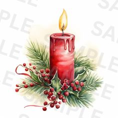 a red candle with holly and berries on it