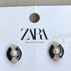 Vintage Style Clip On Earrings Strong Clip On Faux Pearl Gold Accents Black Enamel Chic Zara Earrings For Party, Chic Evening Jewelry From Zara, Chic Zara Jewelry For Evening, Chic Party Earrings By Zara, Chic Zara Earrings For Gift, Elegant Evening Earrings By Zara, Chic Zara Drop Earrings, Black Enamel Clip-on Earrings For Evening, Vintage Black Clip-on Earrings