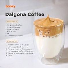 the recipe for dalgona coffee is shown in an advertisement with instructions on how to make it