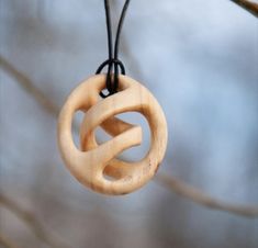 a wooden pendant hanging from a tree branch with no leaves or branches in the background