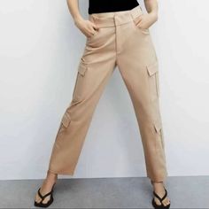 Brand New Zara Cargo Trouser Pants In Khaki/Beige Brand New With Tags Brown Ankle-length Cargo Pants For Spring, Spring Brown Ankle-length Cargo Pants, Beige Cargo Style Bottoms, Chic Beige Cargo Pants With Side Pockets, Brown Summer Cargo Pants, High Waist Beige Pants With Pockets, Beige Straight Cargo Pants For Spring, Neutral Straight Pants With Pockets, Zara Khaki Bottoms